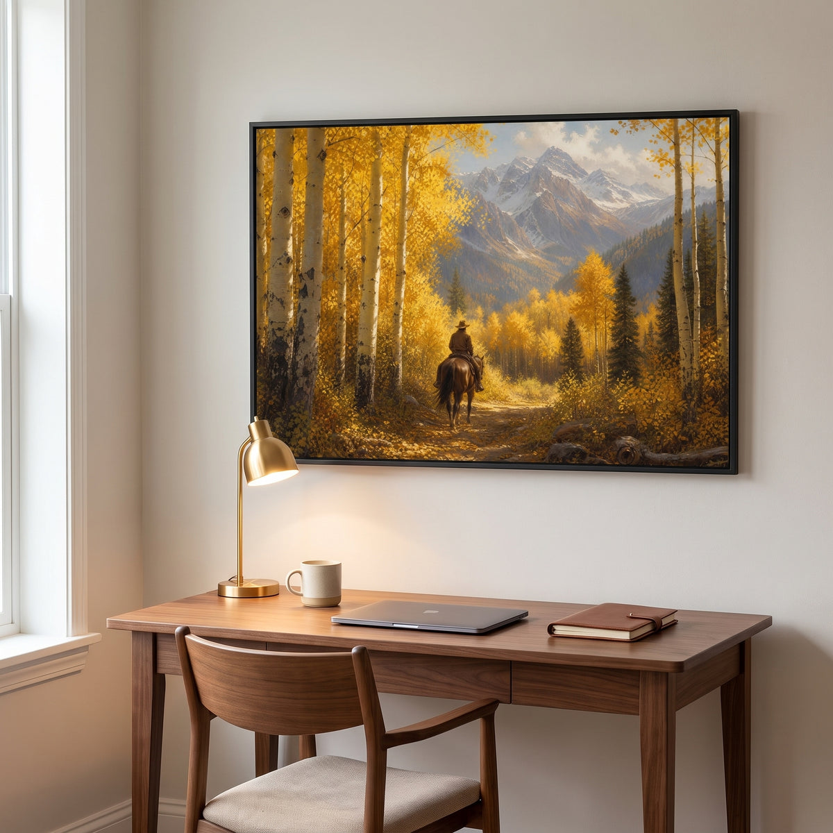 Rider in the Aspens framed print hanging in a home interior