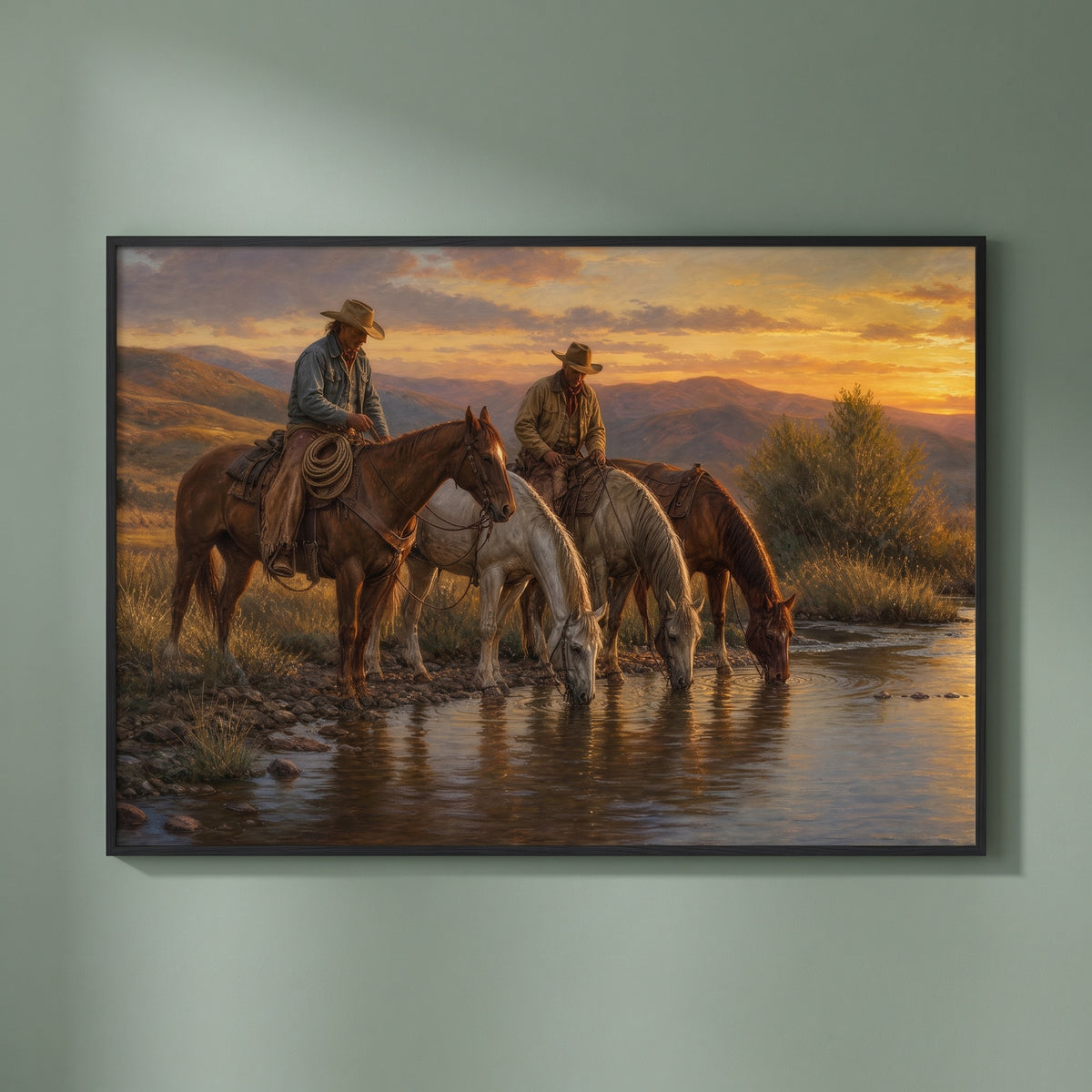 Riders at Sunset framed print on a plain wall