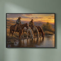 Riders at Sunset framed print on a plain wall