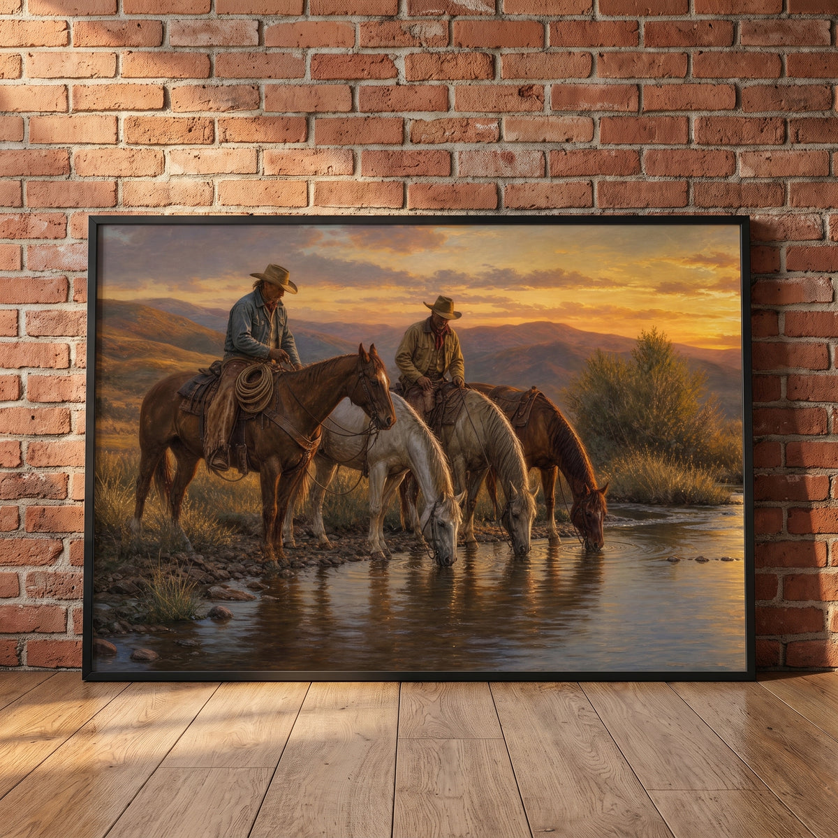 Riders at Sunset framed print leaning against a wall