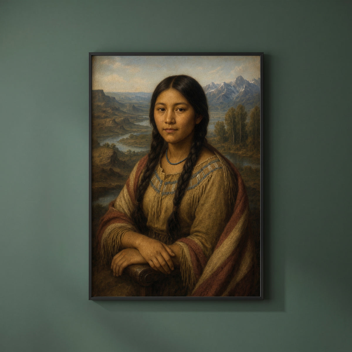 Sacagawea framed print on a plain wall