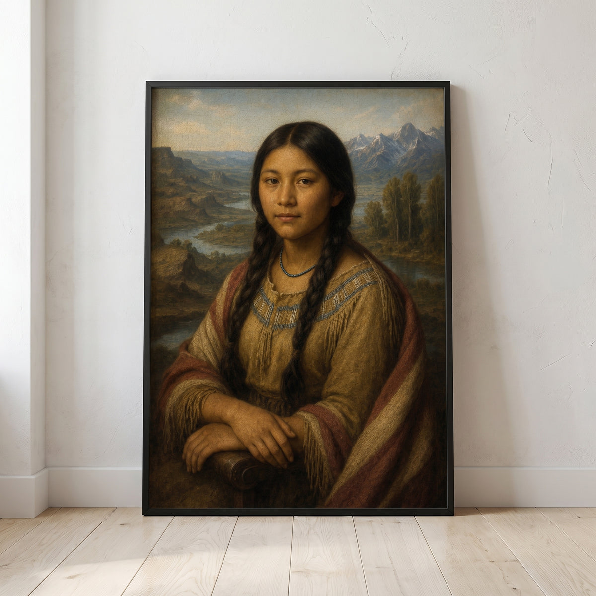 Sacagawea framed print leaning against a wall