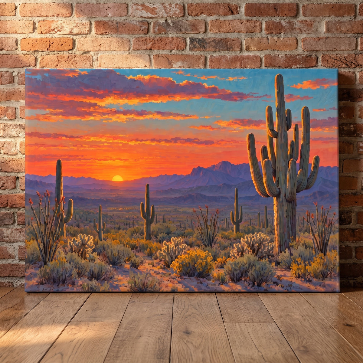 Saguaro Sunset, Arizona canvas print leaning against a wall