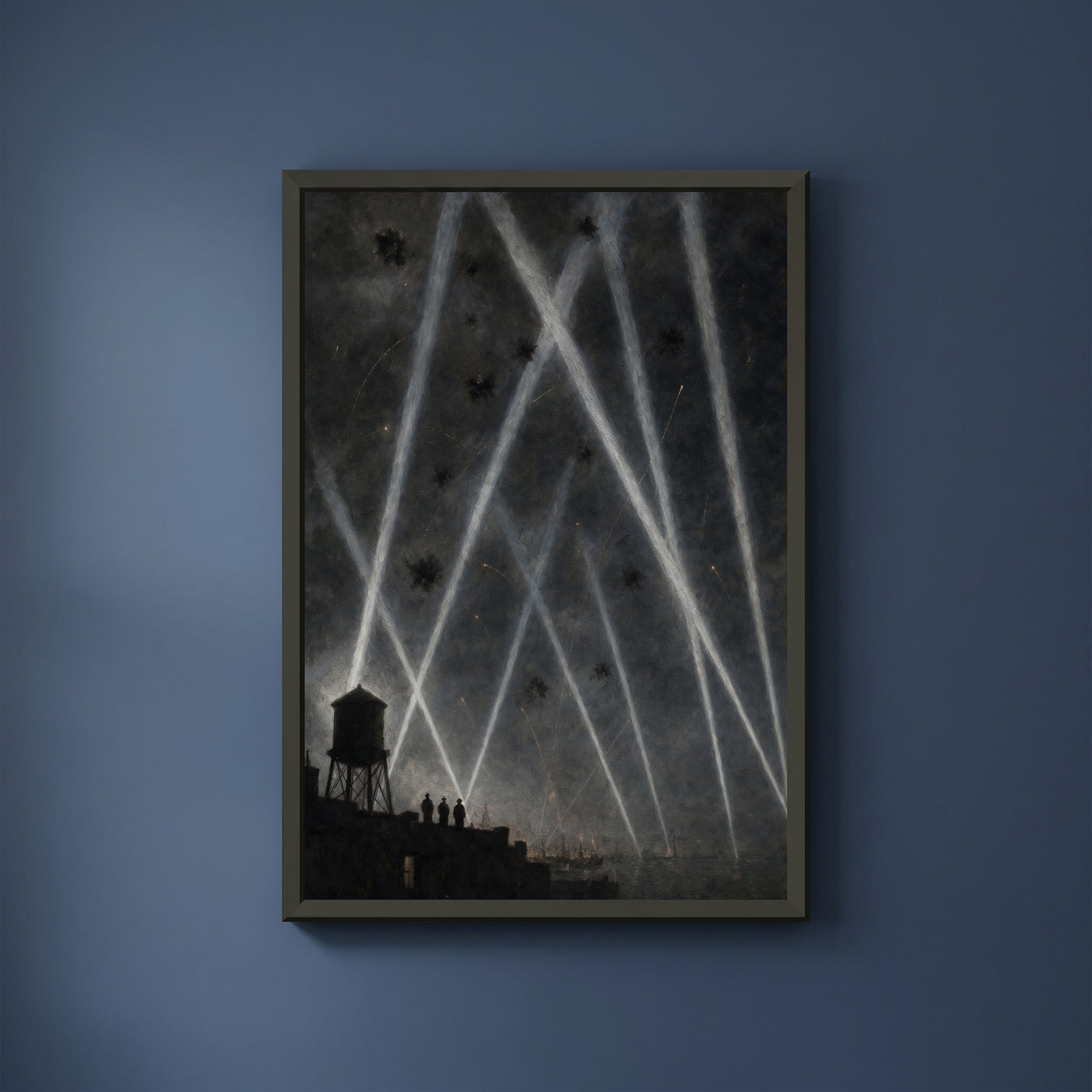 Searchlights Over the Harbour framed print on a plain wall