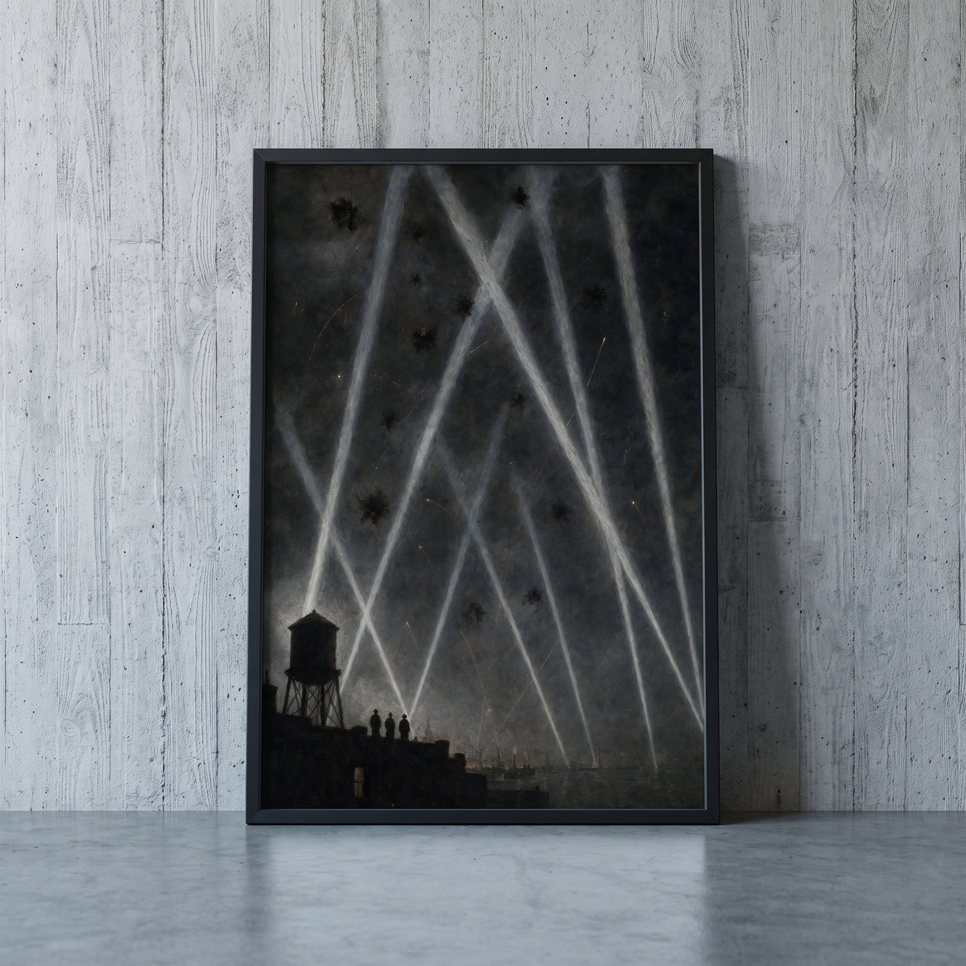 Searchlights Over the Harbour framed print leaning against a wall