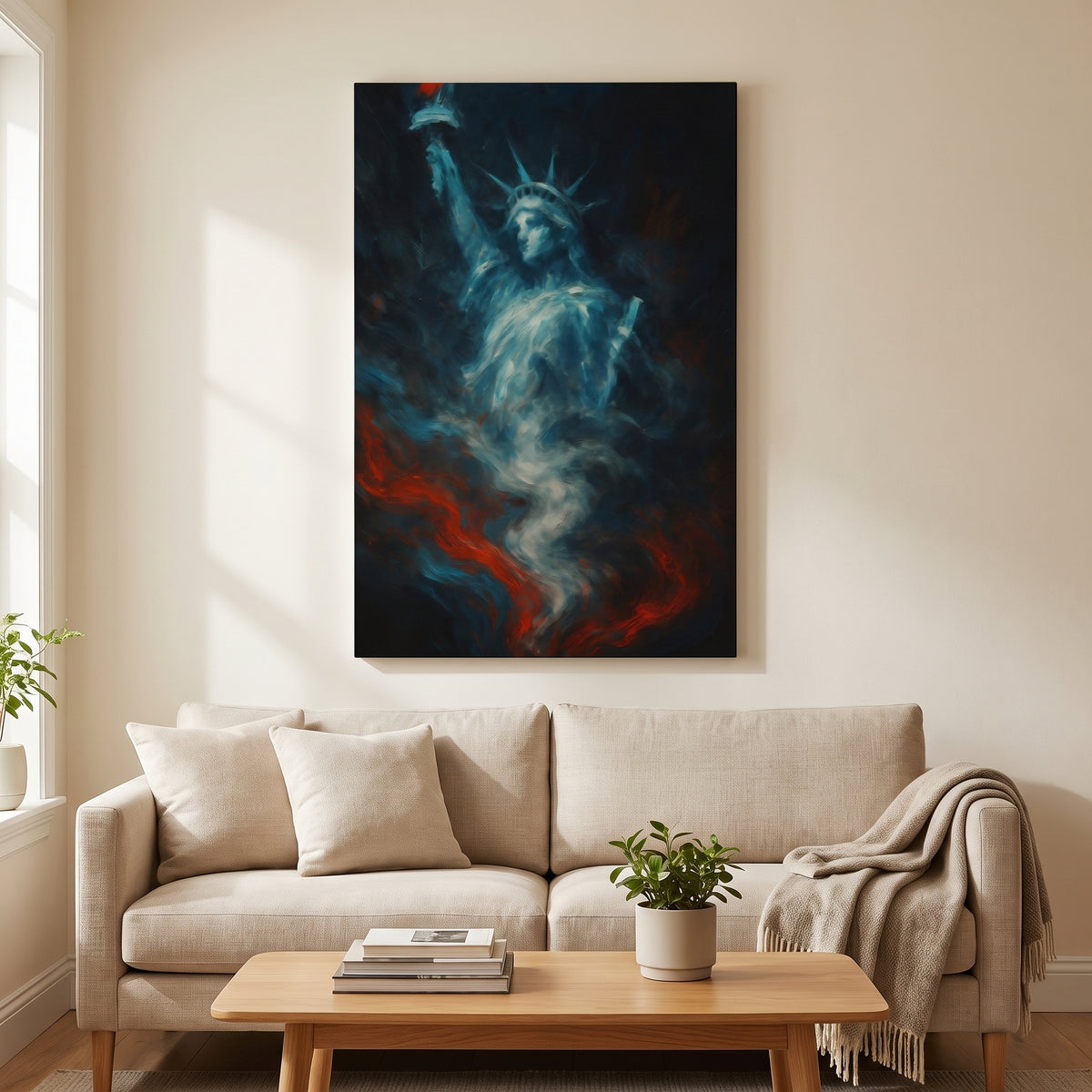 Smoking Liberty canvas print hanging in a home interior