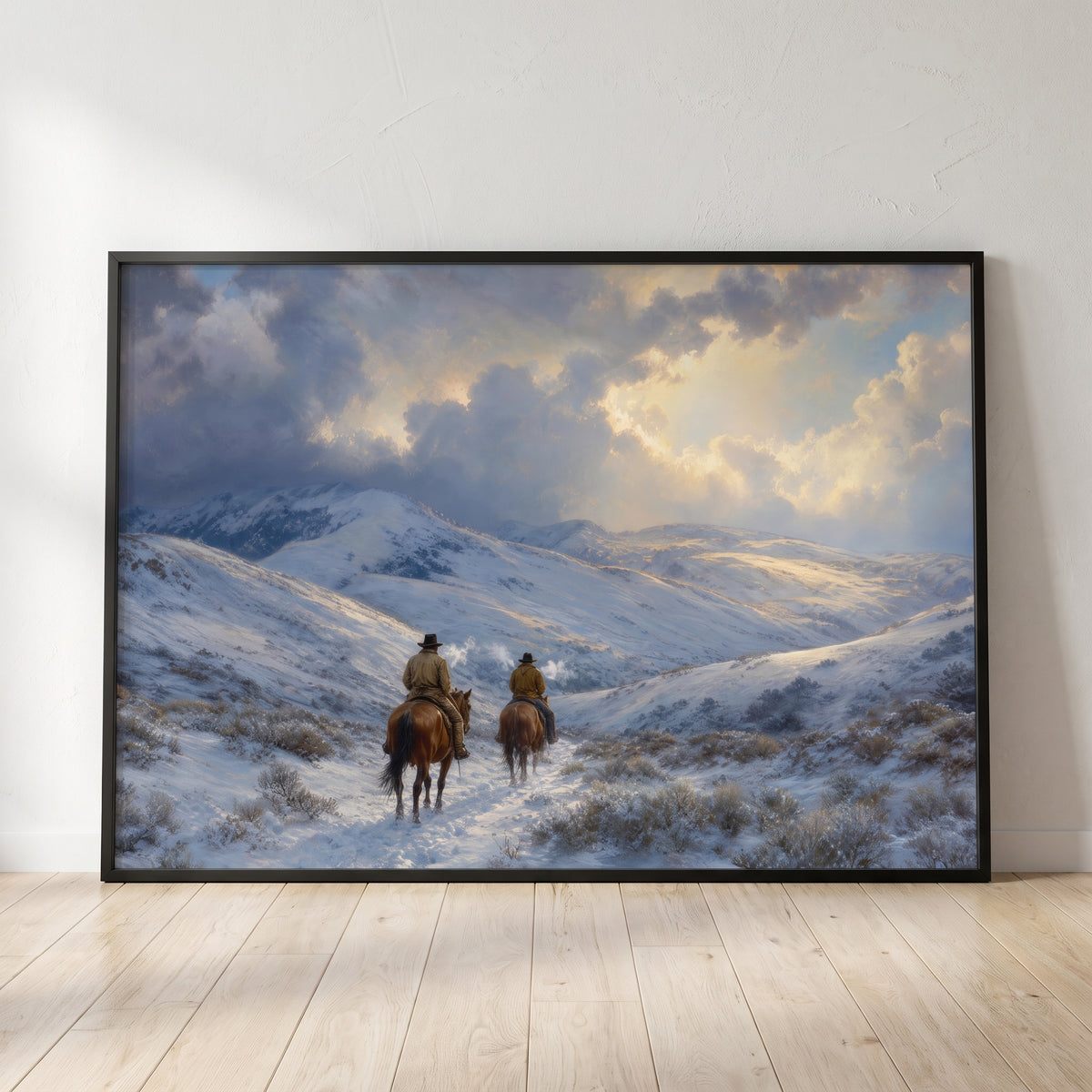 Snow on the Trail framed print leaning against a wall