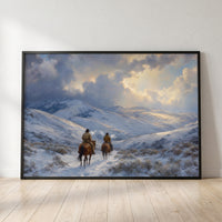 Snow on the Trail framed print leaning against a wall