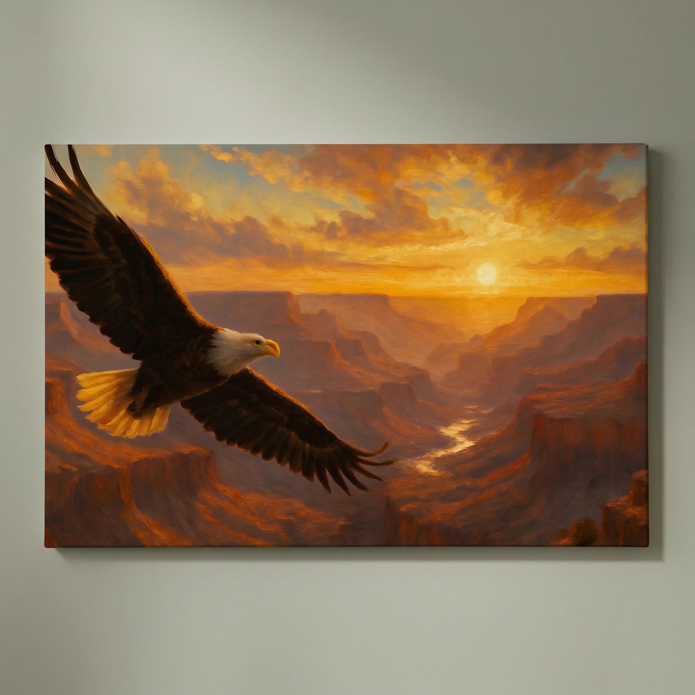 Soaring Eagle over the Grand Canyon canvas print on a sage wall