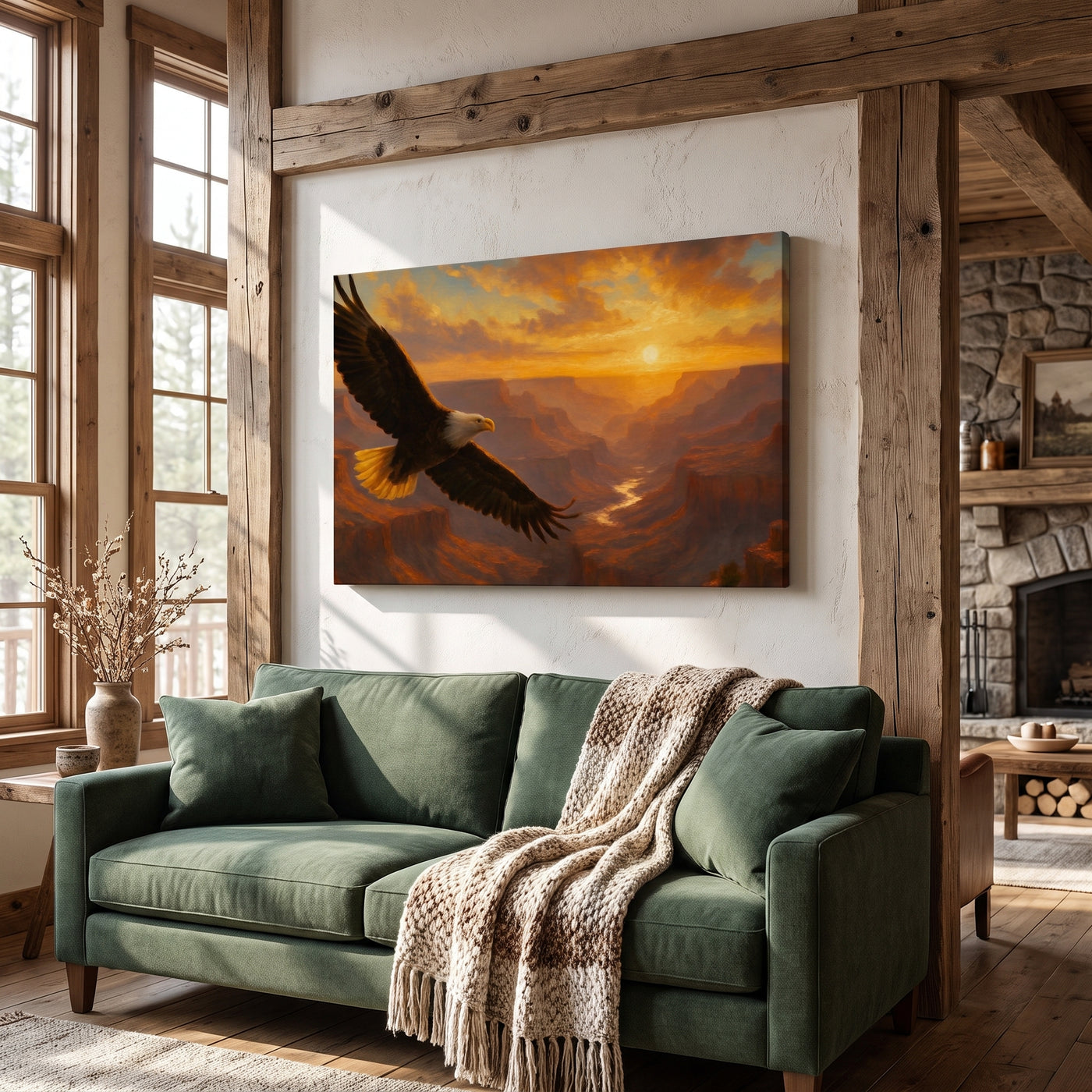 Soaring Eagle over the Grand Canyon canvas print above a sofa in a mountain lodge living room