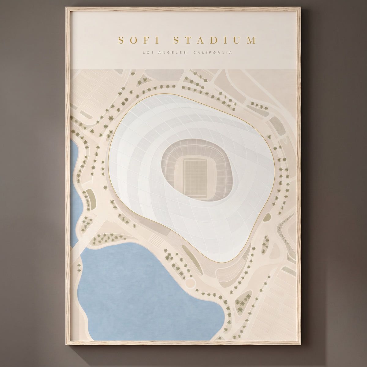 SoFi Stadium framed print on a plain wall