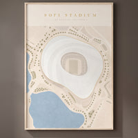 SoFi Stadium framed print on a plain wall