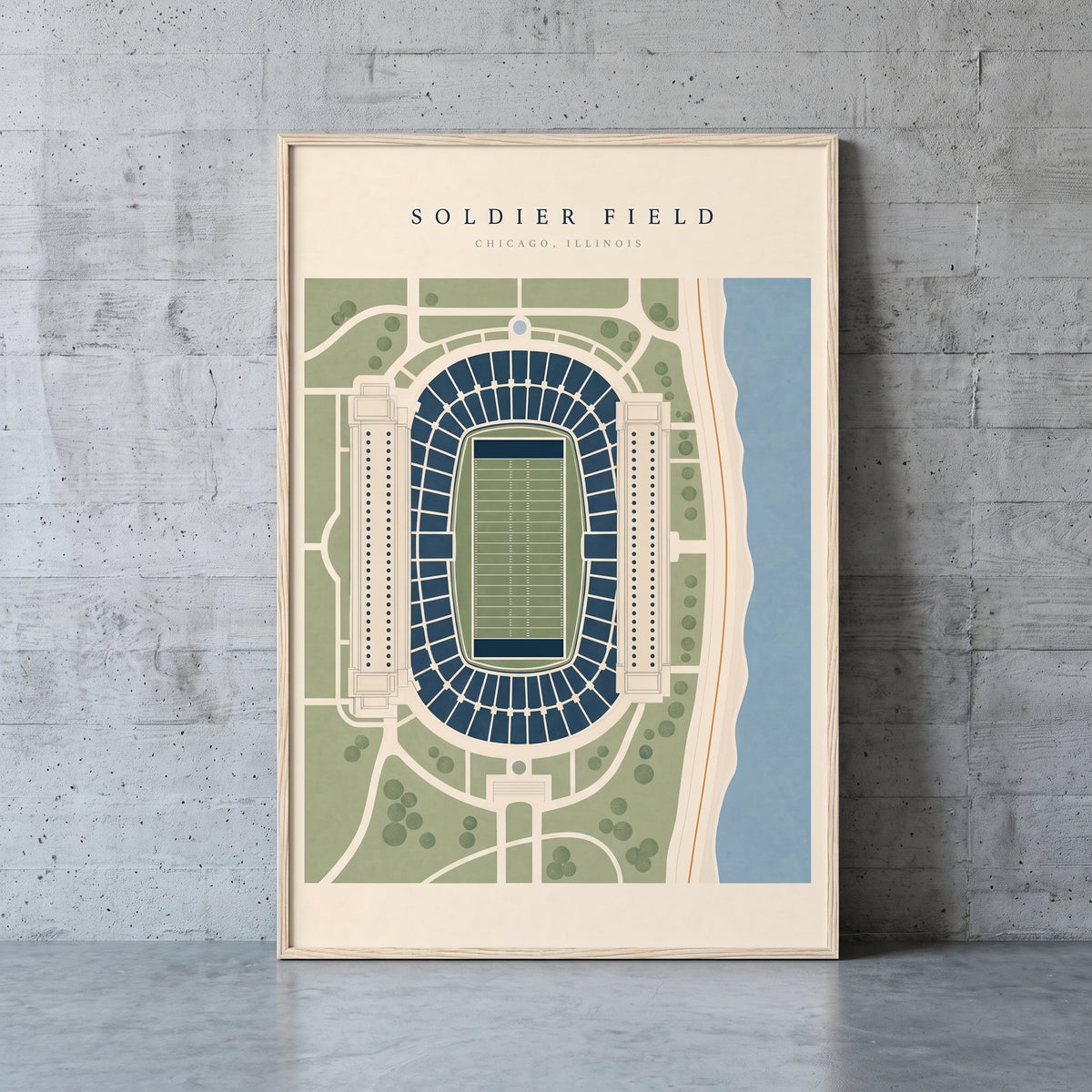 Soldier Field framed print leaning against a wall