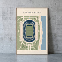 Soldier Field framed print leaning against a wall