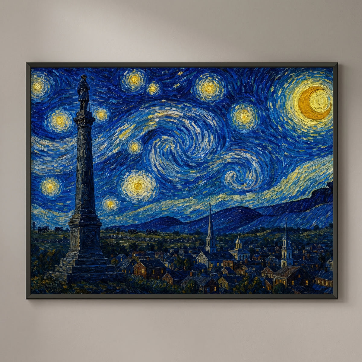 Starry Night over Gettysburg framed print on a plain wall