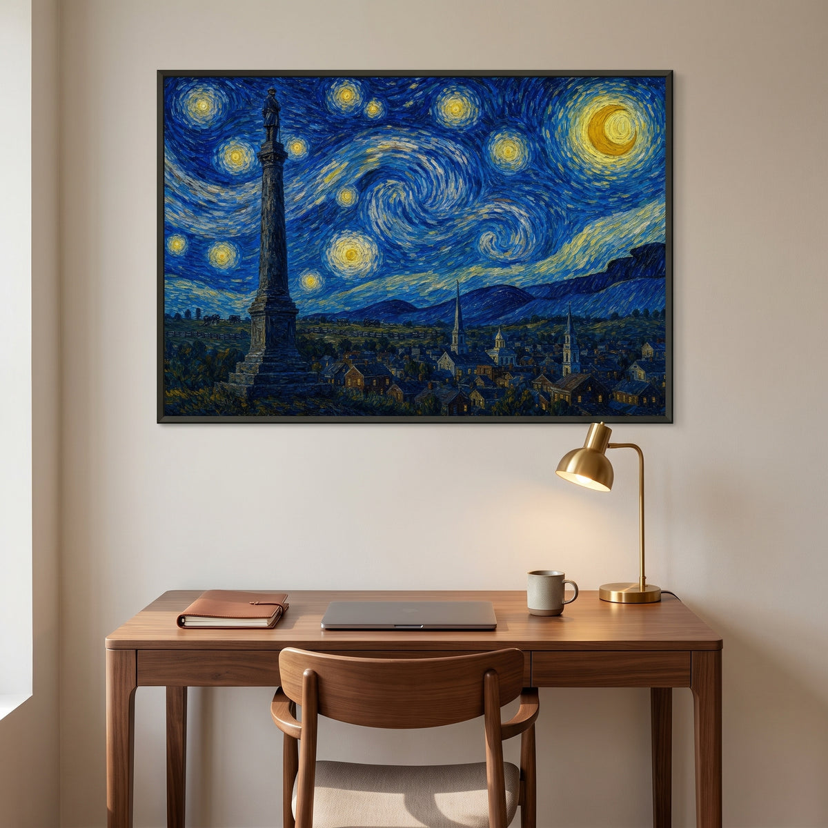 Starry Night over Gettysburg framed print hanging in a home interior