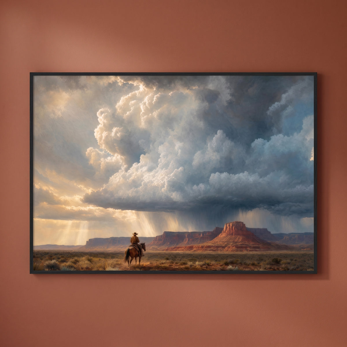 Storm Over the Mesa framed print on a plain wall