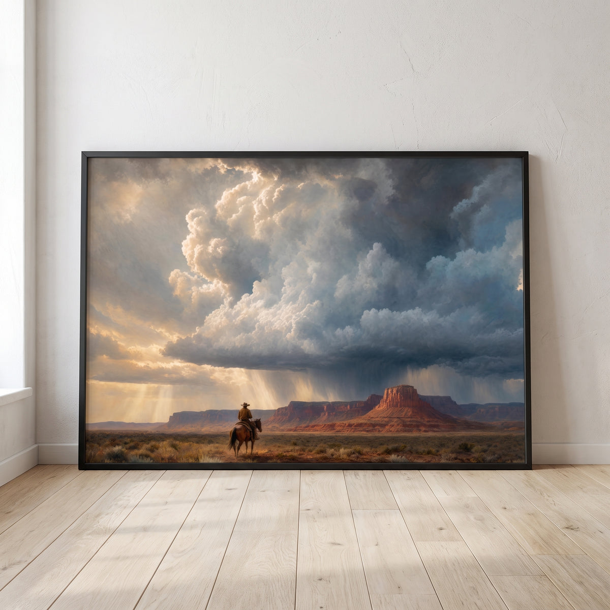 Storm Over the Mesa framed print leaning against a wall