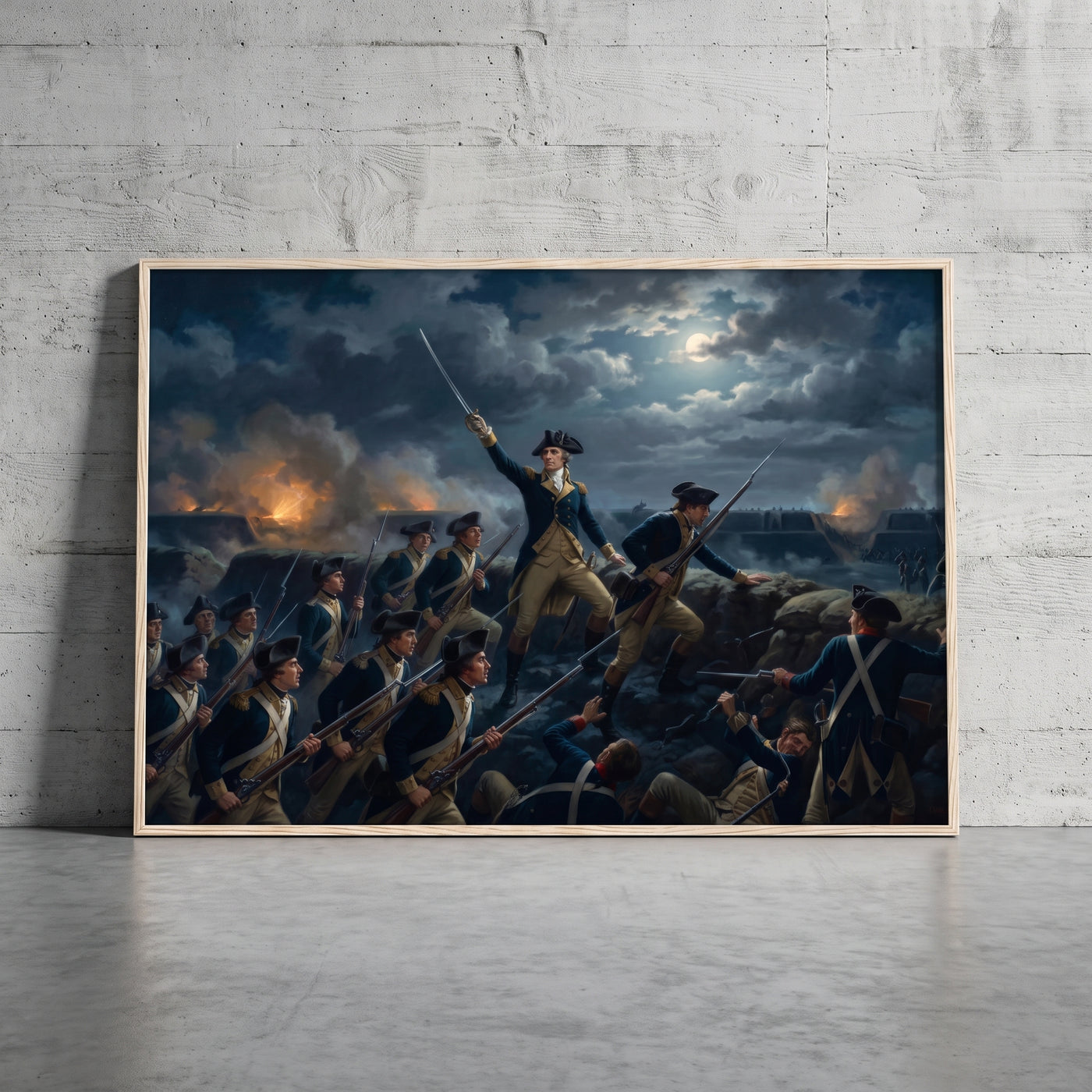 Storming the Redoubt at Yorktown framed print leaning against a wall