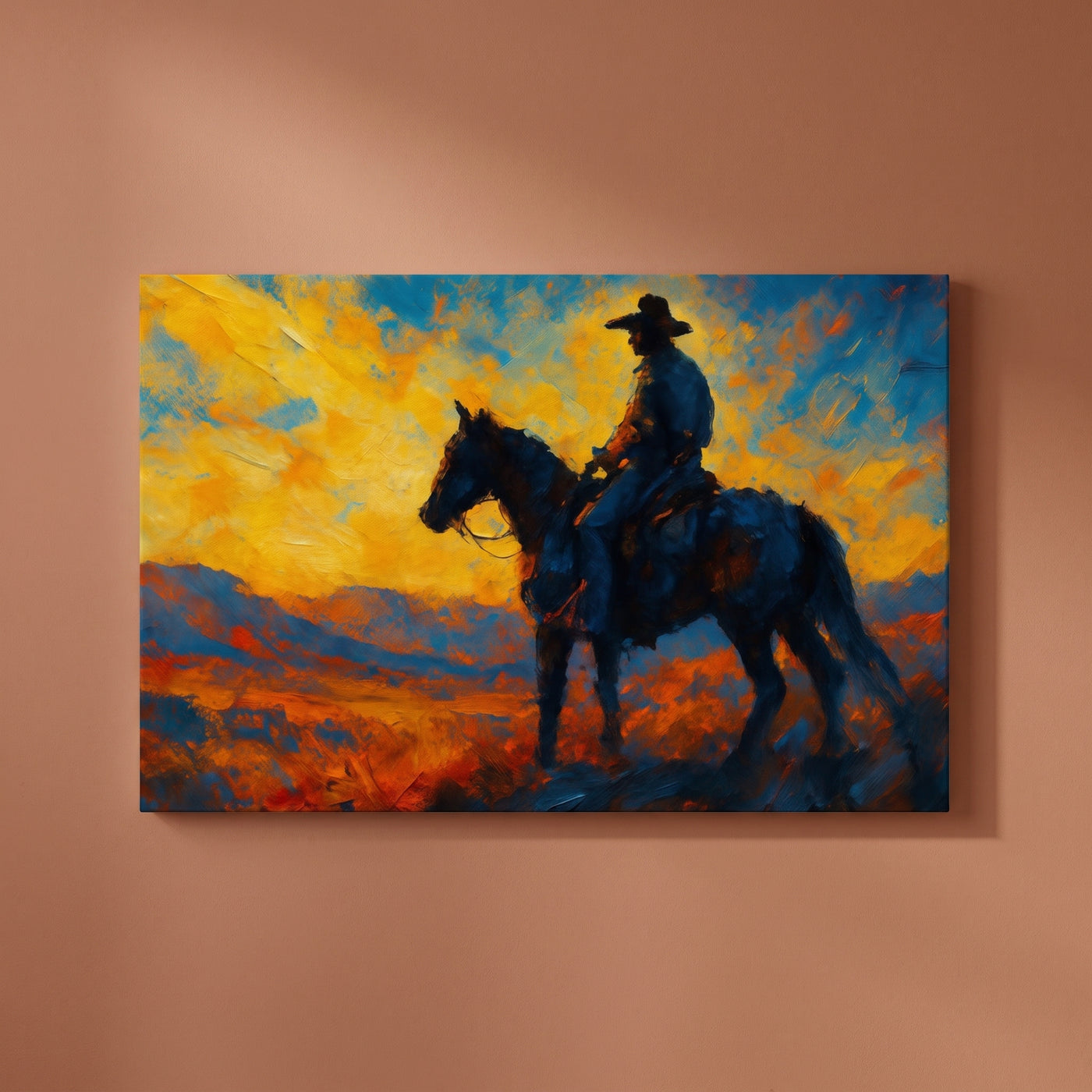 Sunset canvas print on a warm clay wall