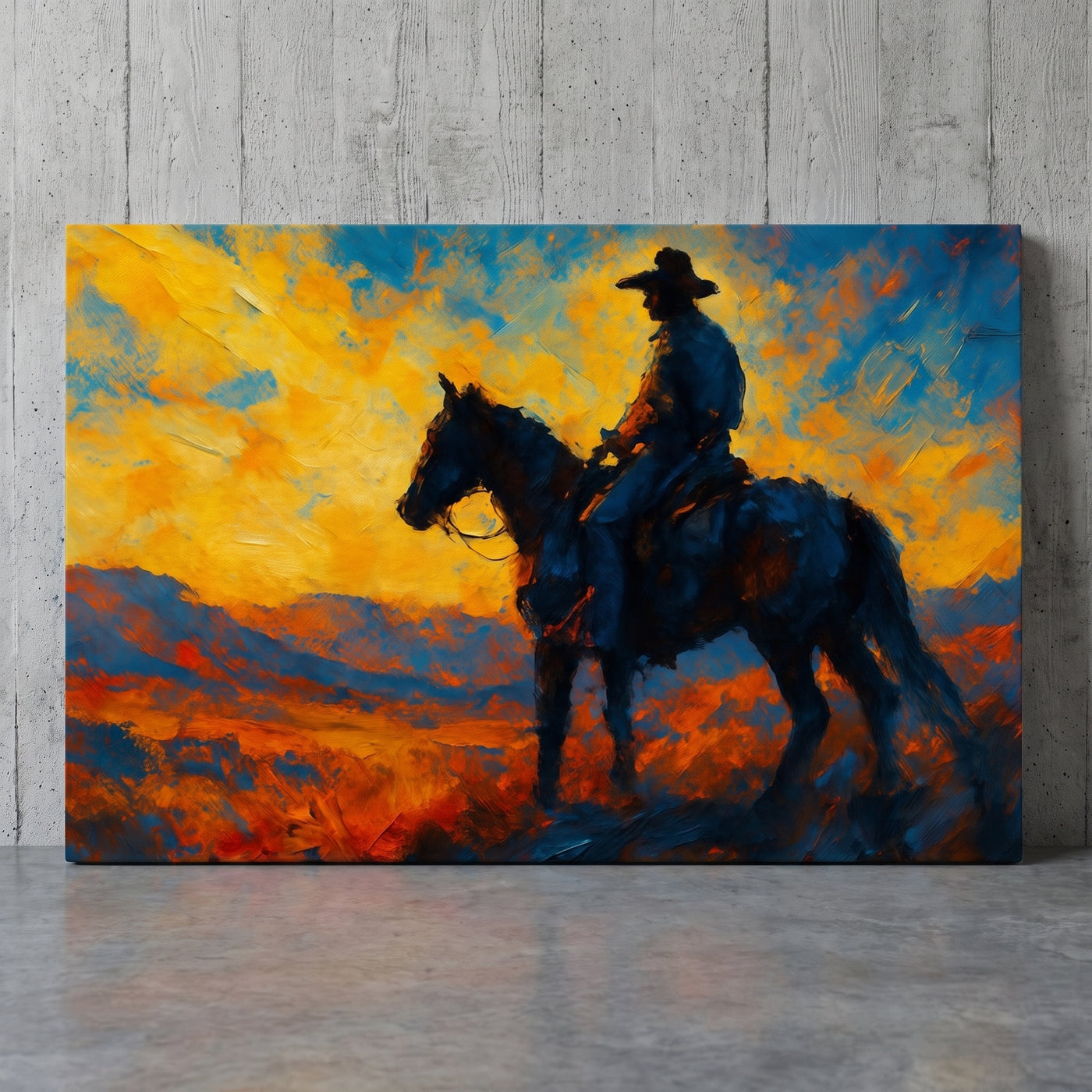 Sunset canvas print leaning against a concrete wall