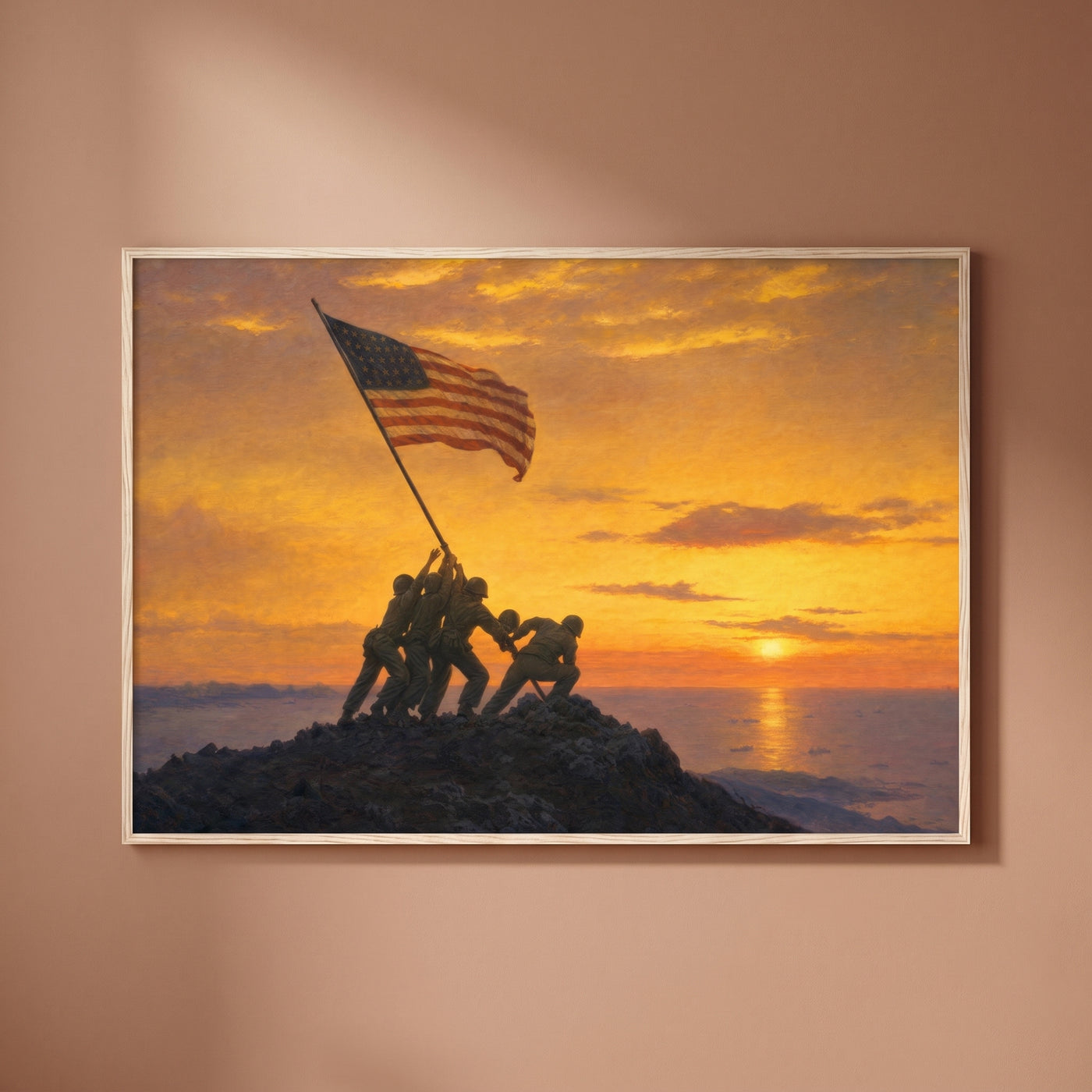 Sunset Over Iwo Jima framed print on a plain wall