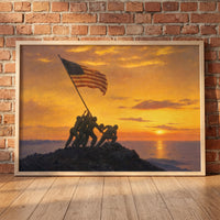 Sunset Over Iwo Jima framed print leaning against a wall