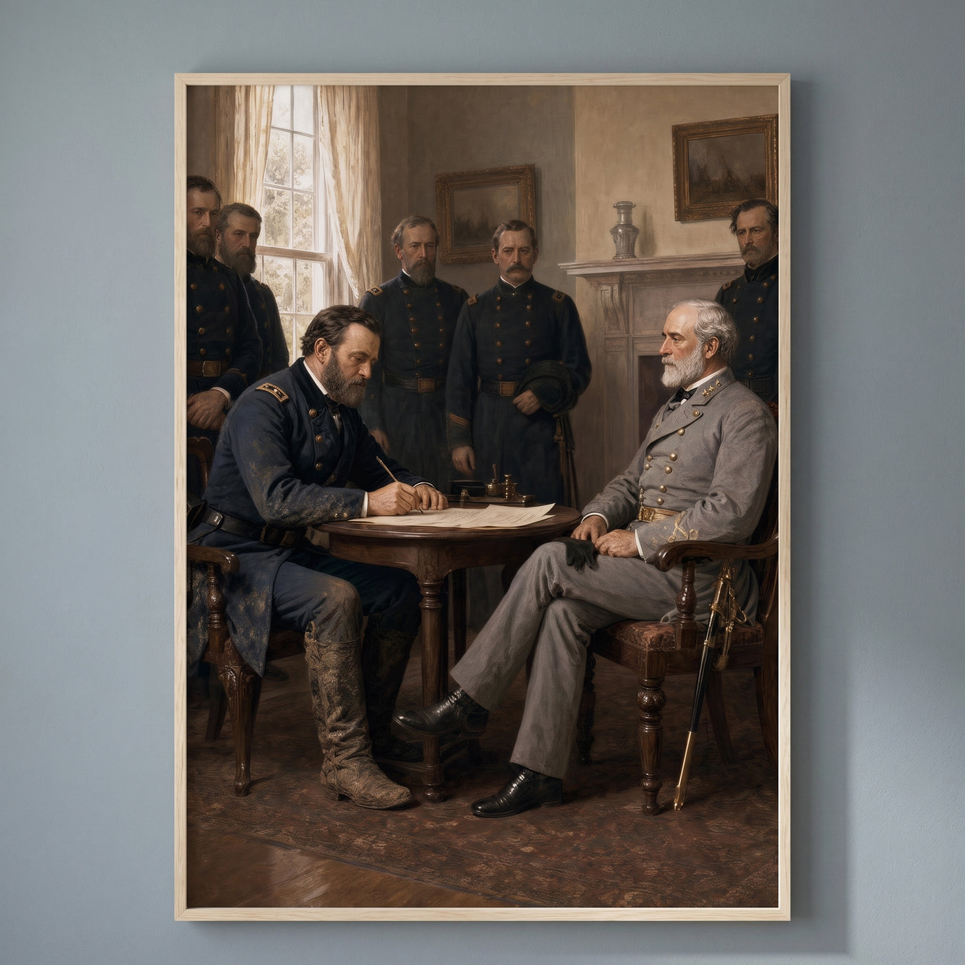 Surrender at Appomattox framed print on a plain wall