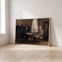 Surrender at Appomattox framed print leaning against a wall