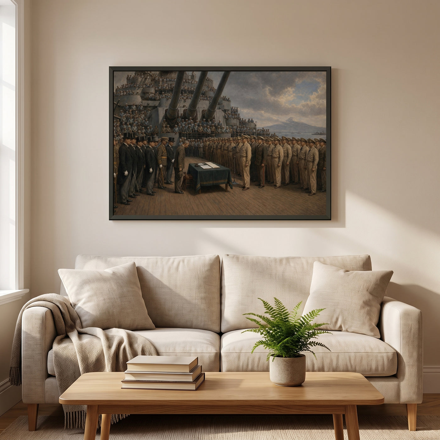 Surrender in Tokyo Bay framed print hanging in a home interior