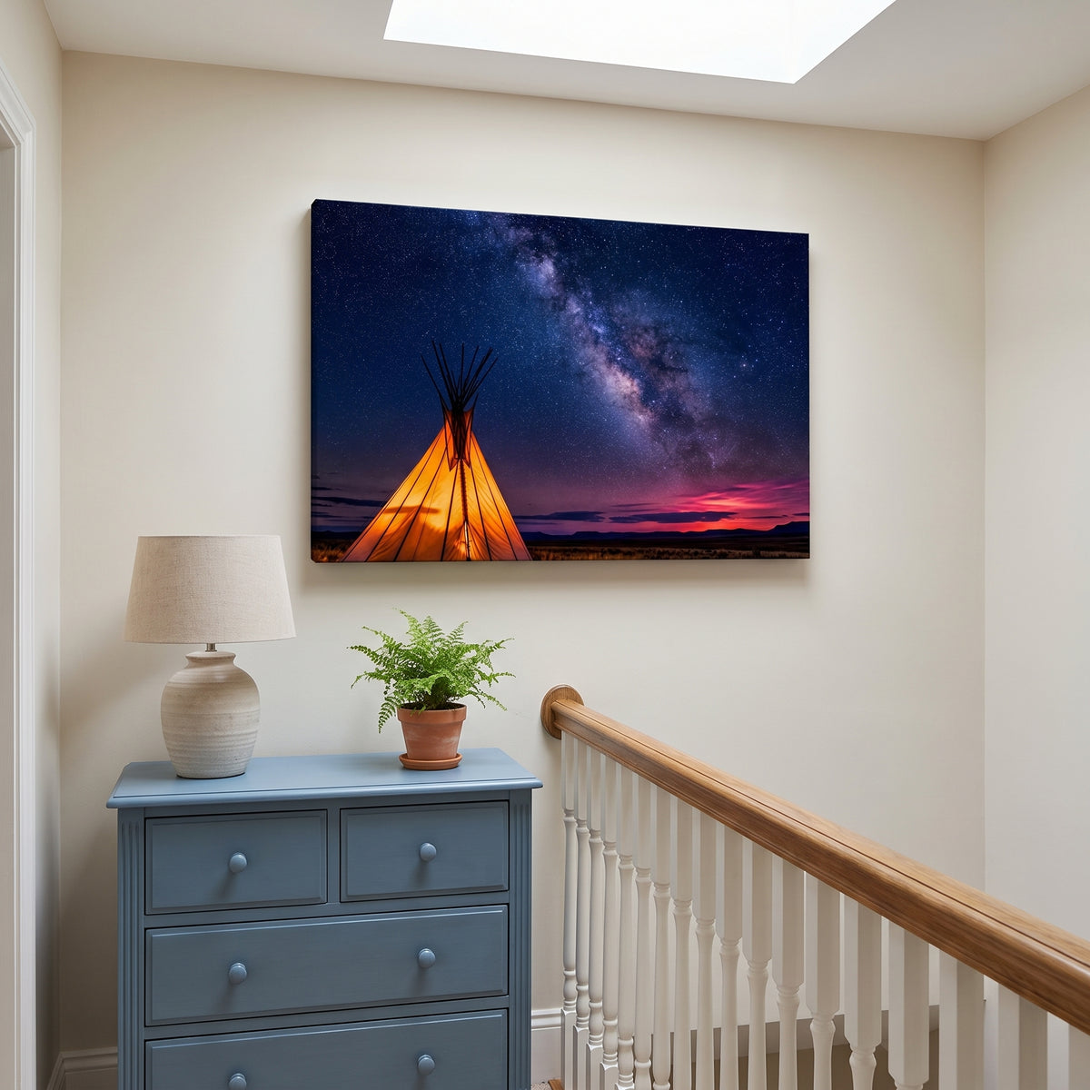Teepee Nightfall canvas print hanging in a home interior