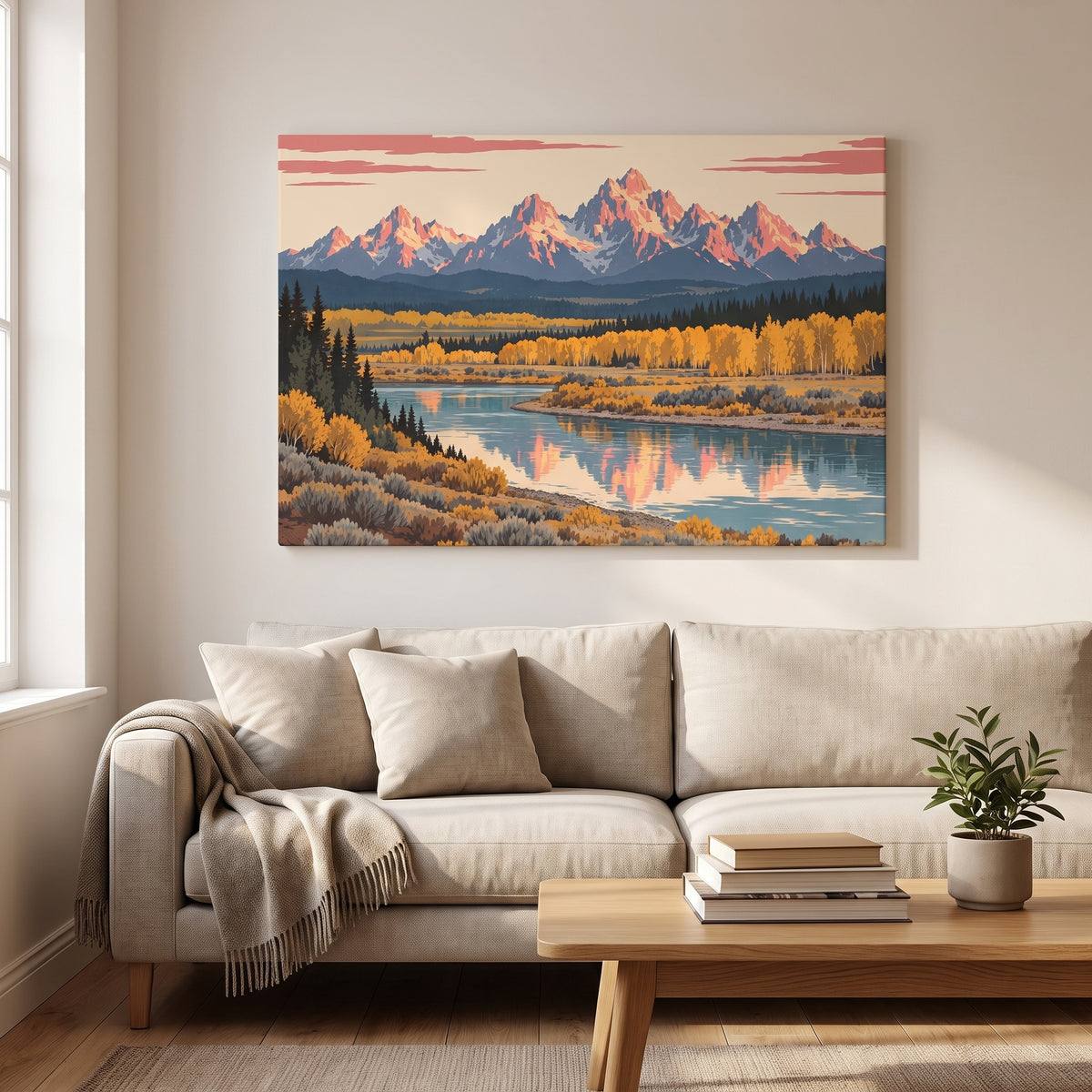 Teton Morning canvas print hanging in a home interior