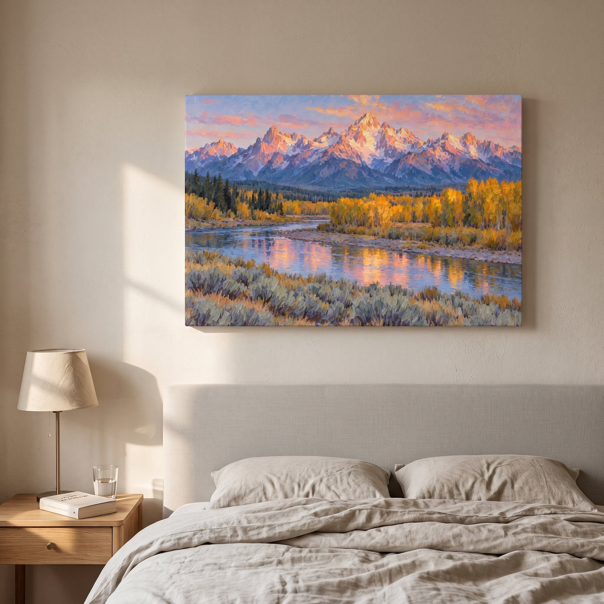 Tetons in Broken Light canvas print hanging in a home interior