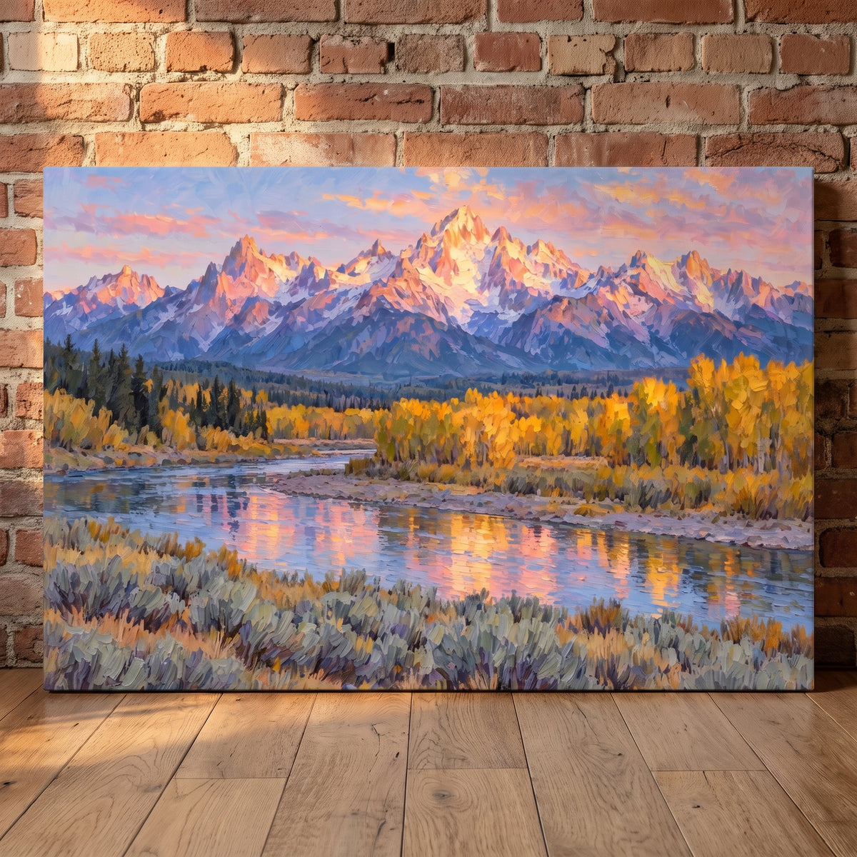 Tetons in Broken Light canvas print leaning against a wall