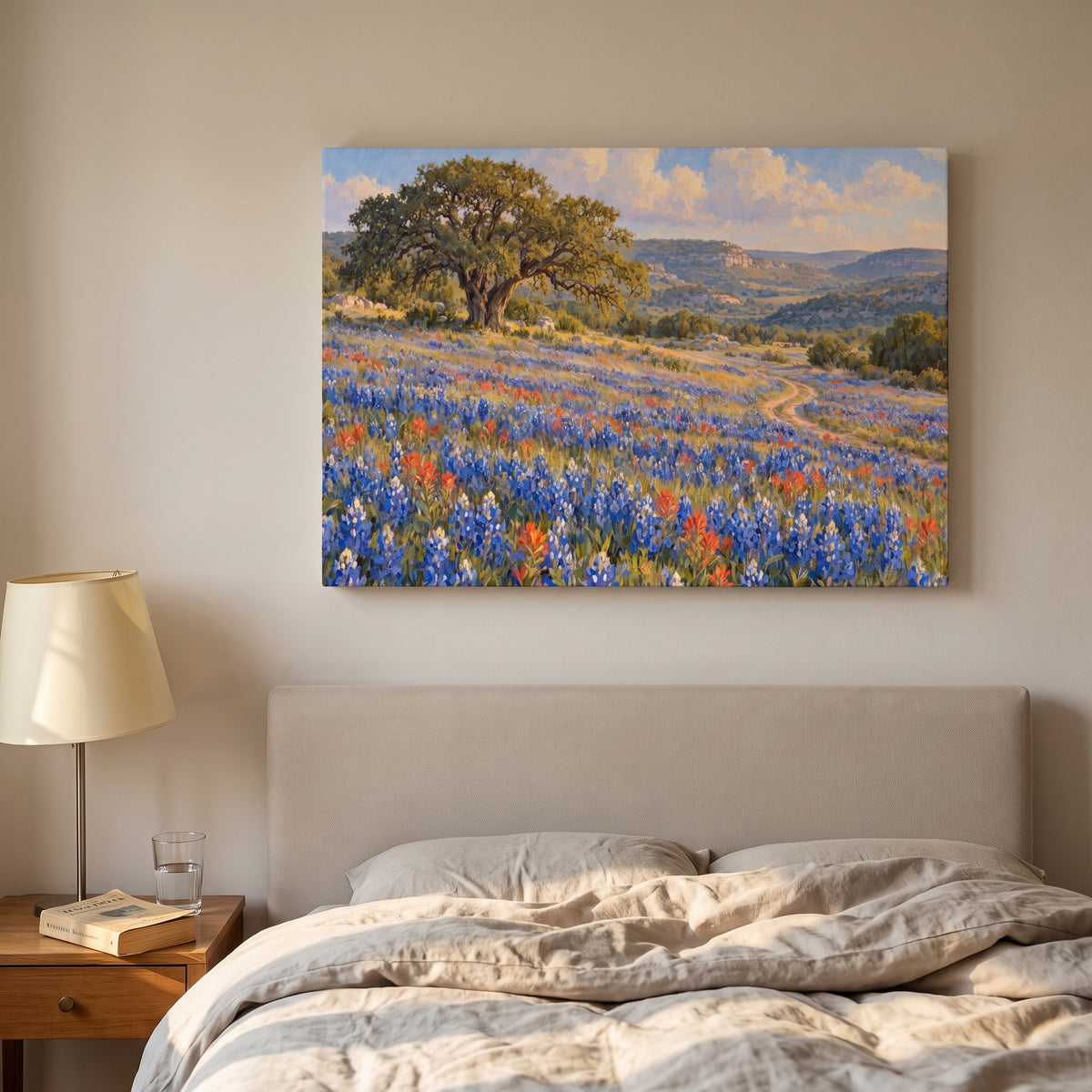 Texas Bluebonnet Spring canvas print hanging in a home interior