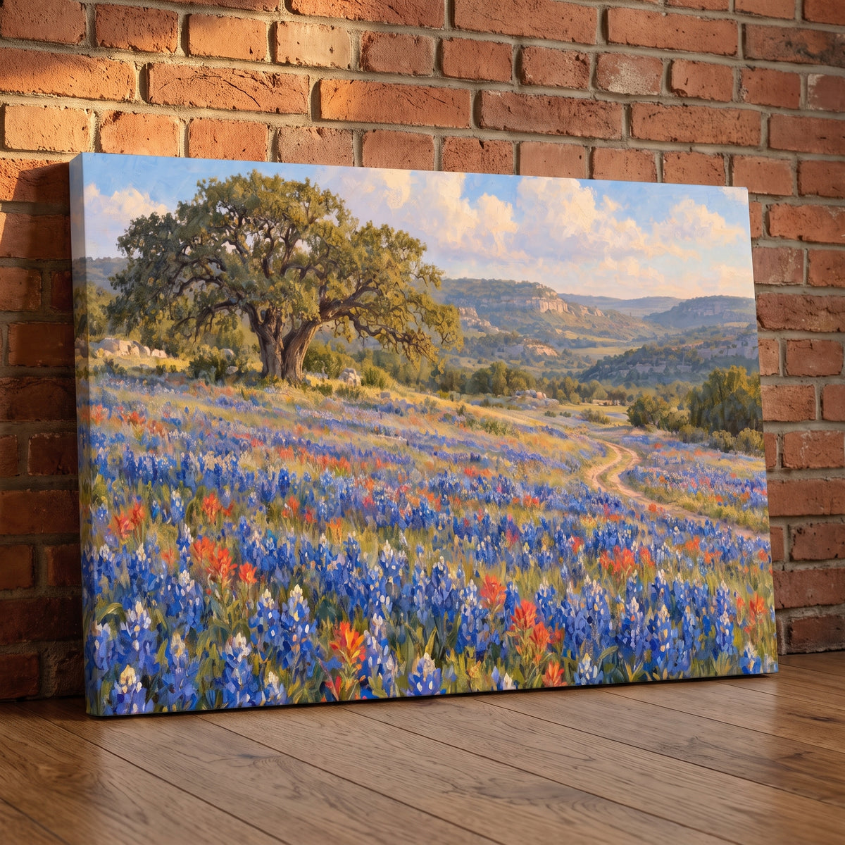 Texas Bluebonnet Spring canvas print leaning against a wall