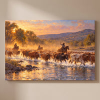 Texas Cattle Crossing gallery-wrapped canvas print on a plain wall