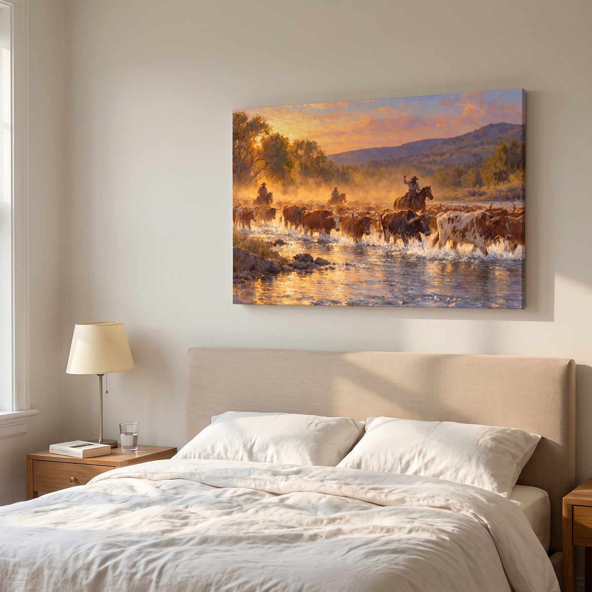 Texas Cattle Crossing canvas print hanging in a home interior