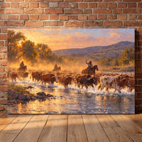Texas Cattle Crossing canvas print leaning against a wall