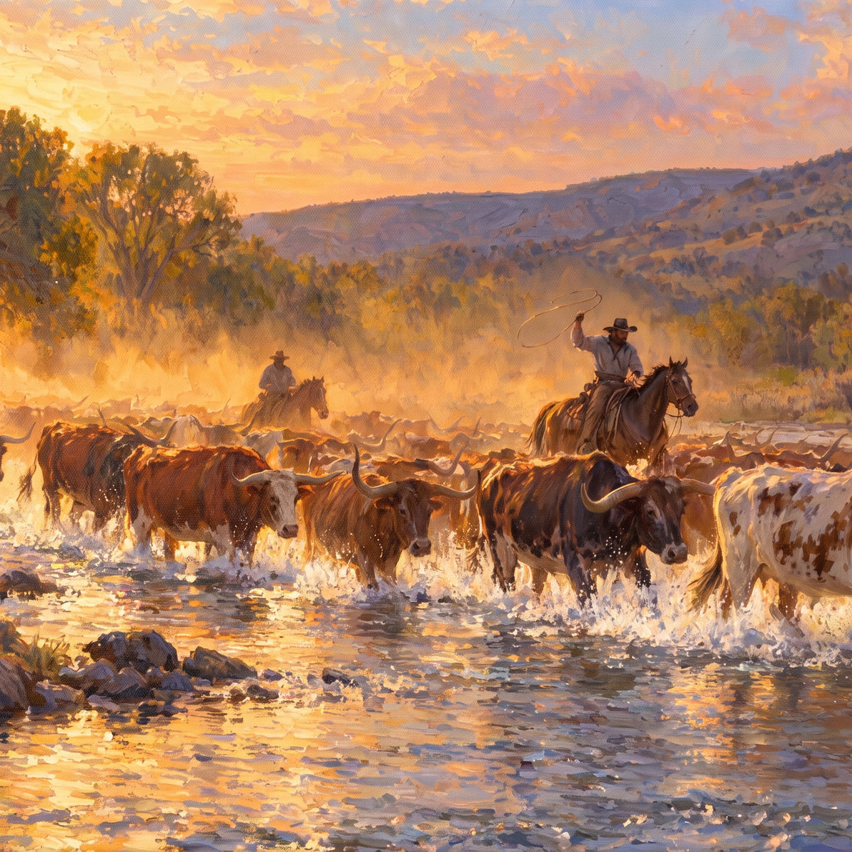 Texas Cattle Crossing — close-up of the canvas weave and print detail