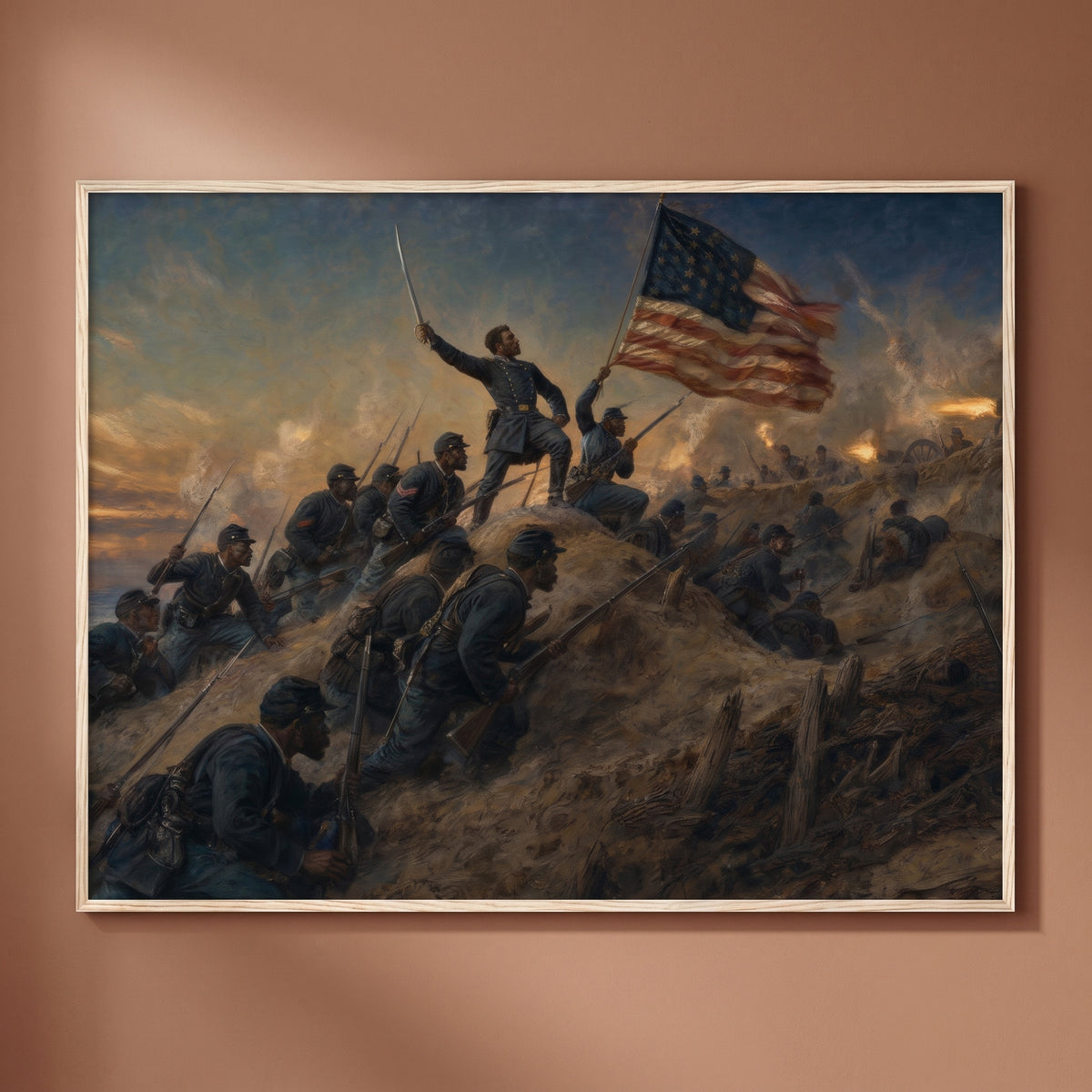 The 54th Massachusetts at Fort Wagner framed print on a plain wall