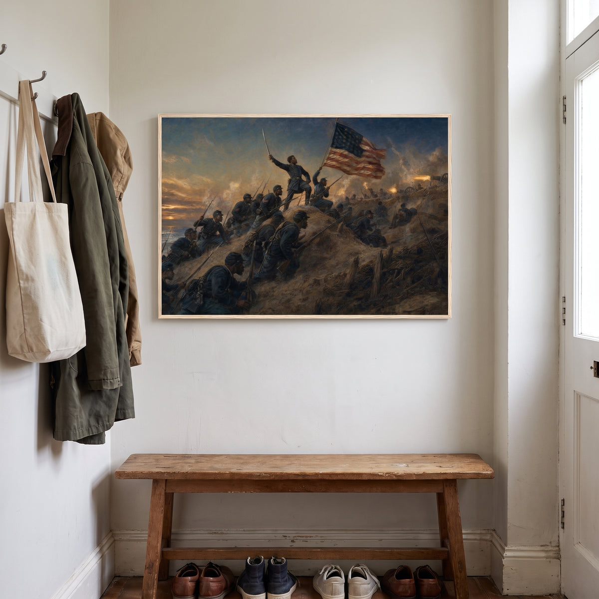 The 54th Massachusetts at Fort Wagner framed print hanging in a home interior