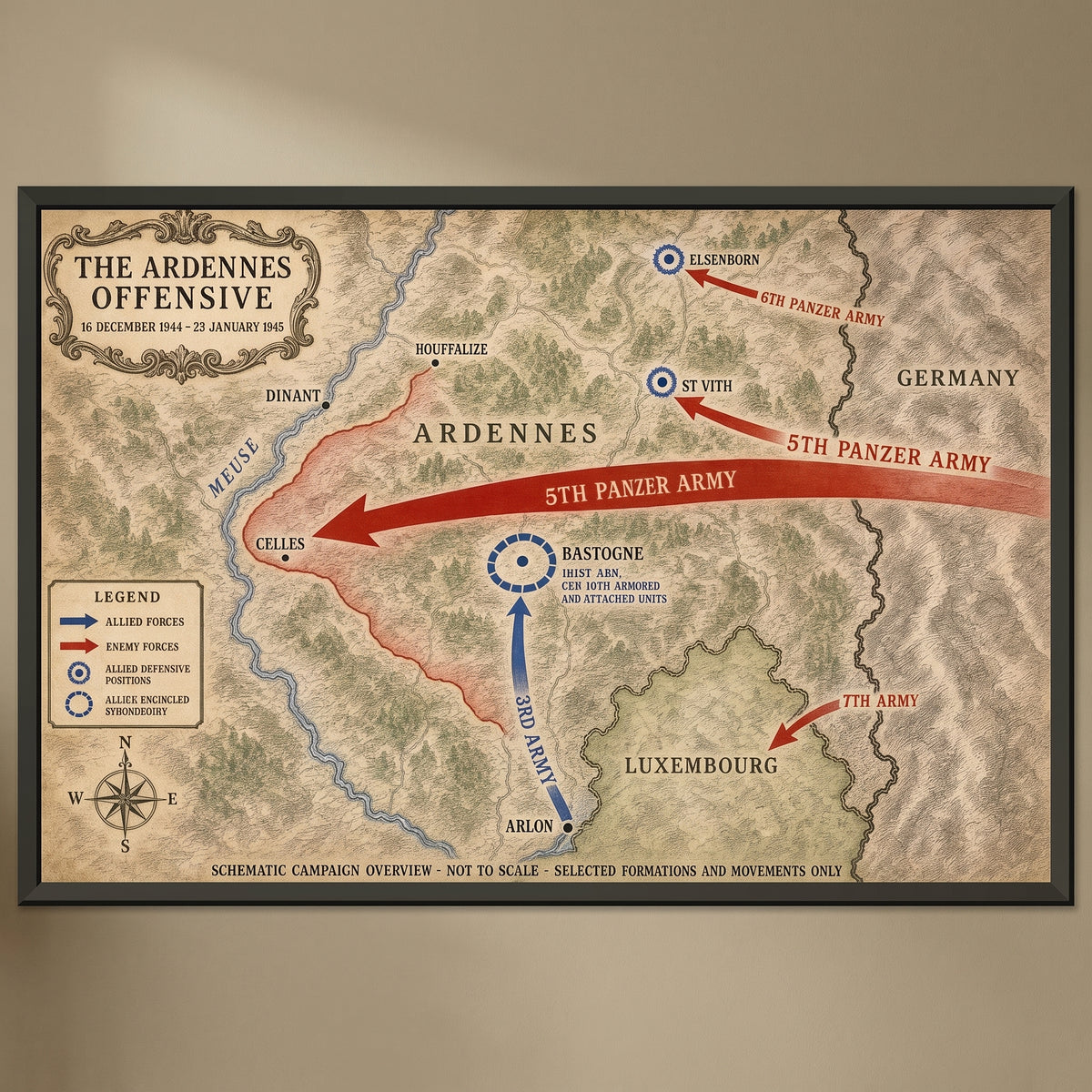 The Ardennes Offensive — Map framed print on a plain wall