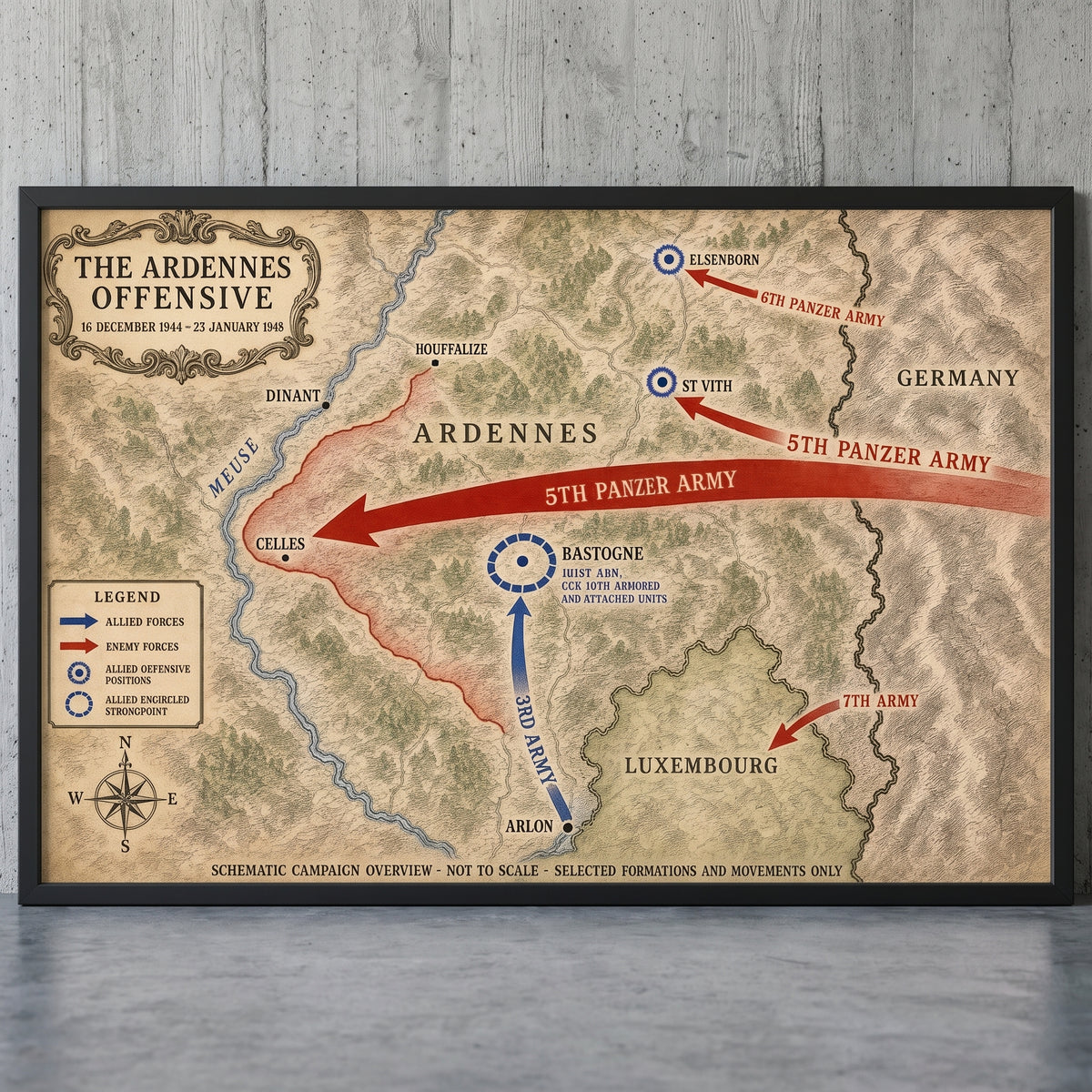 The Ardennes Offensive — Map framed print leaning against a wall