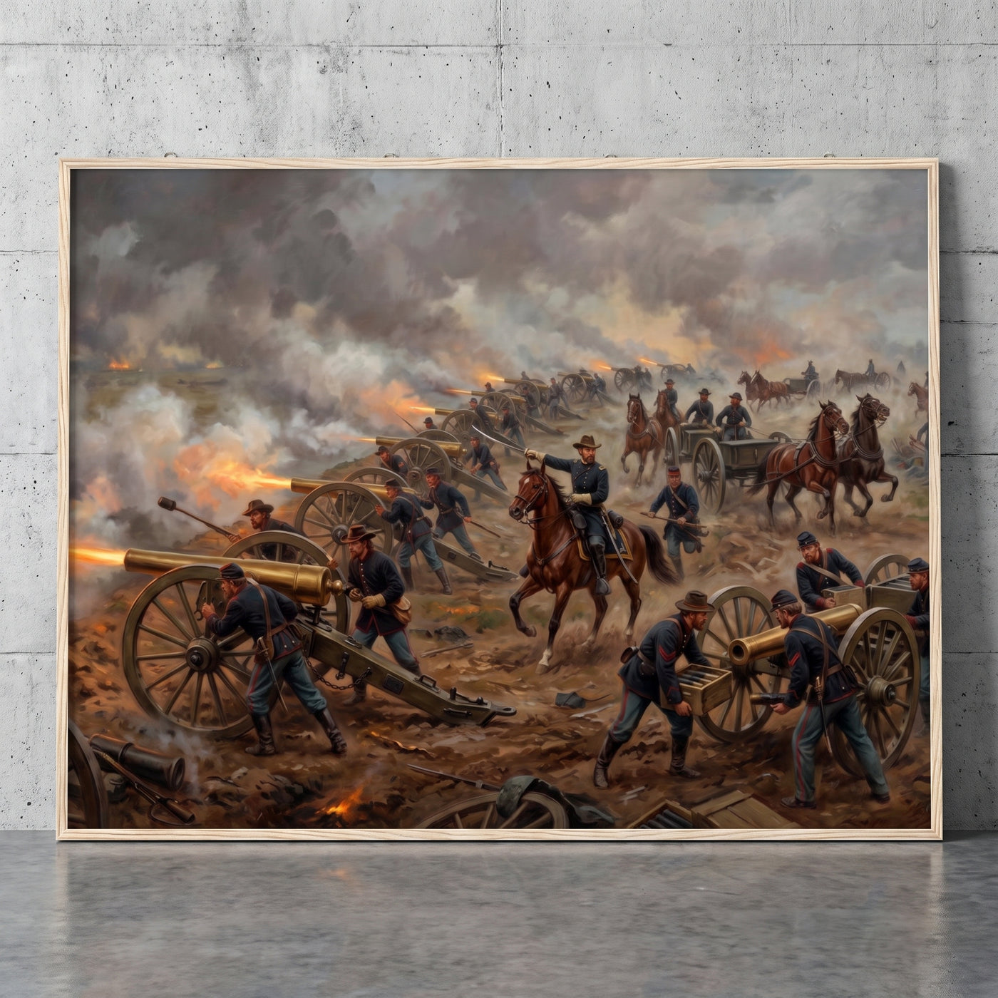 The Artillery Line at Full Fire framed print leaning against a wall