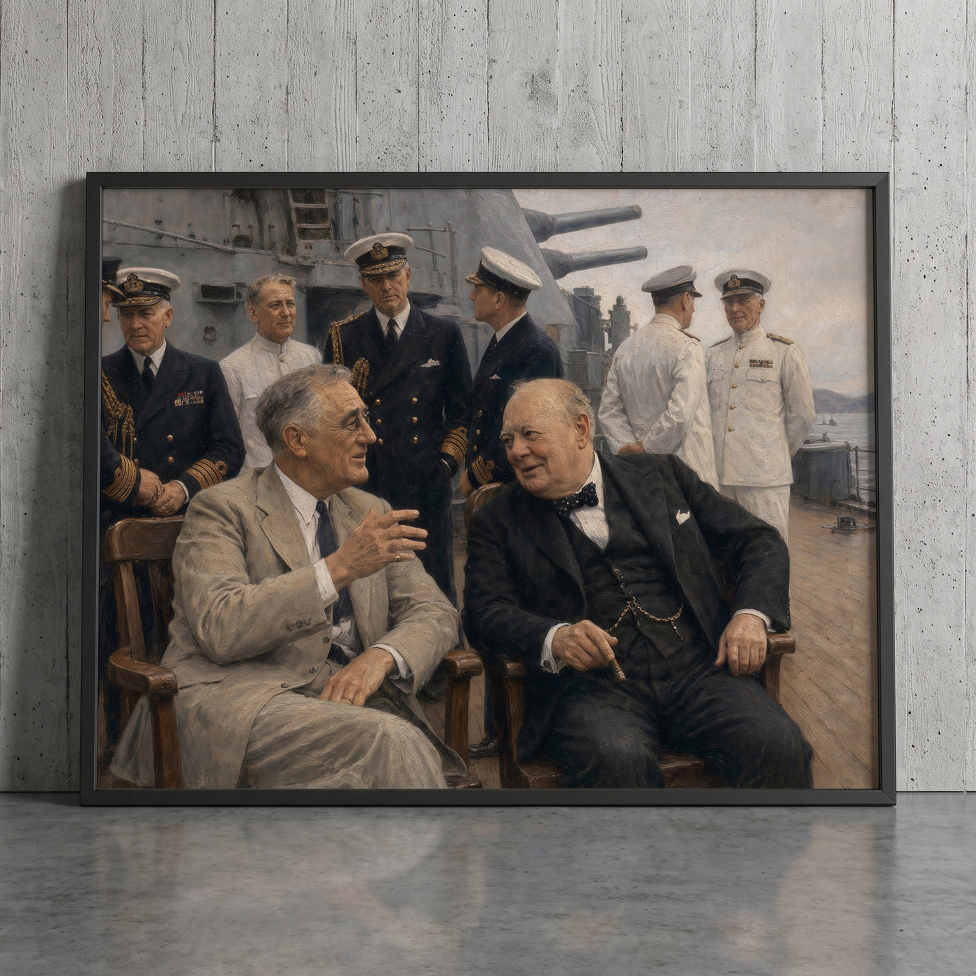The Atlantic Charter framed print leaning against a wall