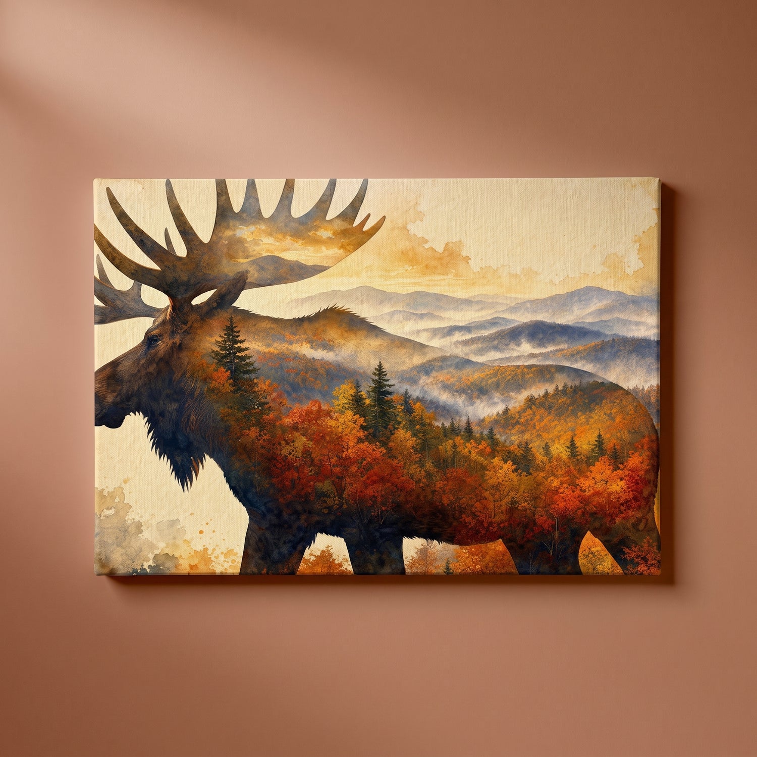 The Autumn Moose gallery-wrapped canvas print on a plain wall