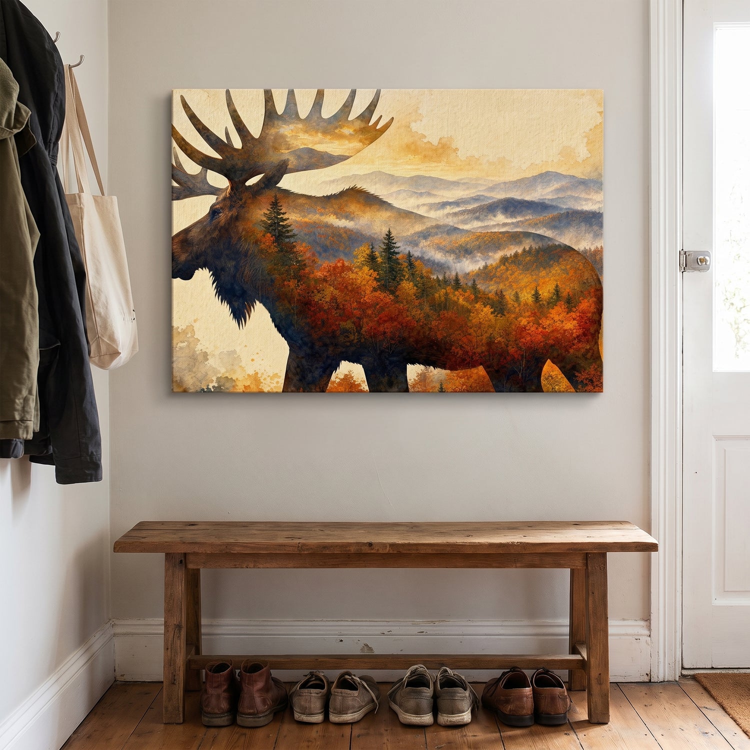 The Autumn Moose canvas print hanging in a home interior