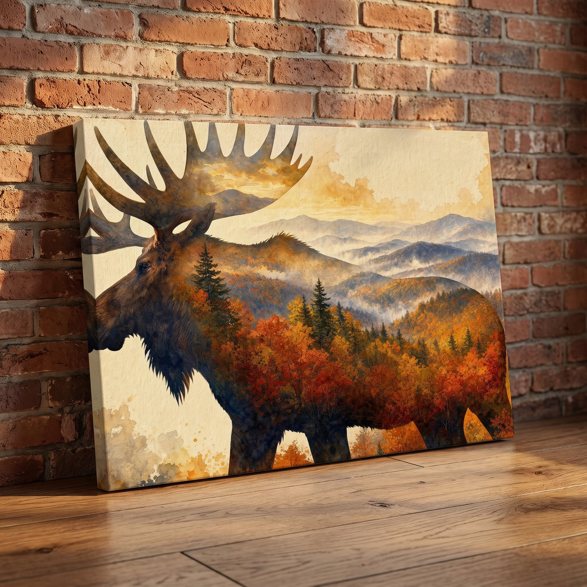 The Autumn Moose canvas print leaning against a wall