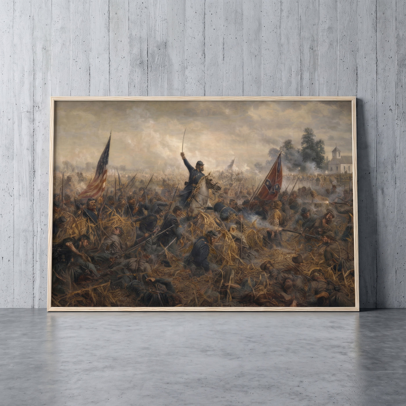 The Battle of Antietam framed print leaning against a wall